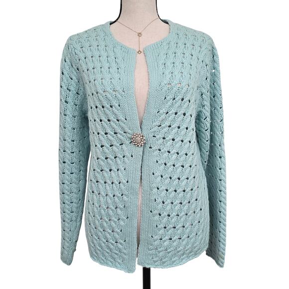 Talbots Cashmere Silk Blend Open Knit Cardigan Sweater M Blue Rhinestone luxury - Picture 1 of 11